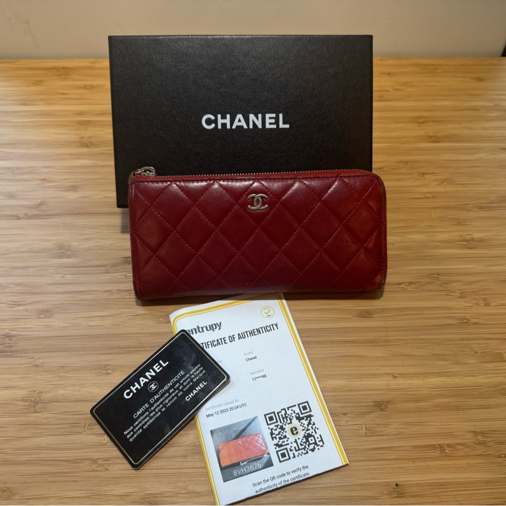 Authentic CHANEL Red Lambskin Quilted CC Logo Zip-Around L Continental Wallet